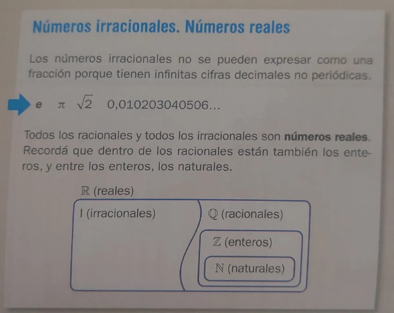 Números irracionales. Números reales
Los números irracionales no se pueden expresar como una
fracción porque tienen infinitas cifras decimal