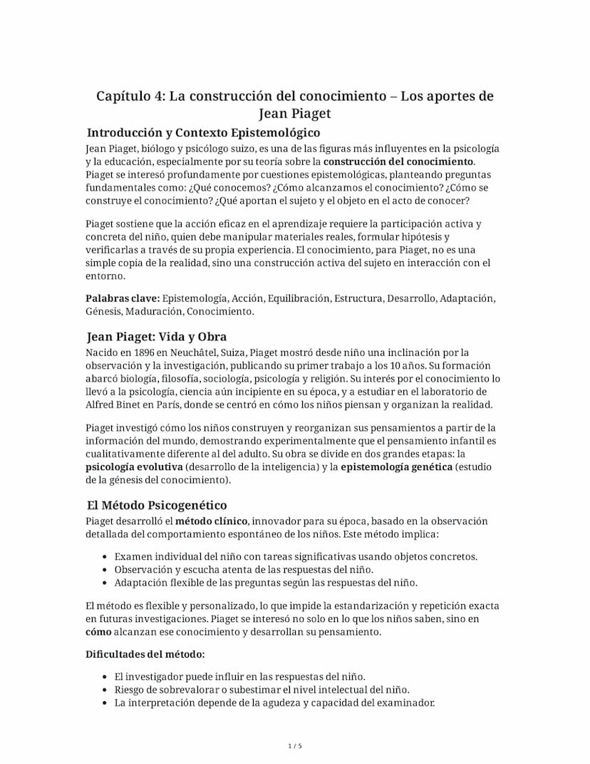 Capítulo 4: La construcción del conocimiento - Los aportes de
Jean Piaget
Introducción y Contexto Epistemológico
Jean Piaget, biólogo y psic