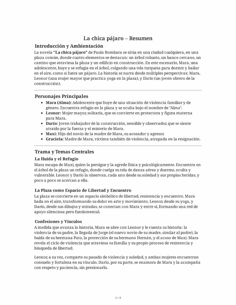 --- OCR Start ---
La chica pájaro - Resumen
Introducción y Ambientación
La novela "La chica pájaro" de Paula Bombara se sitúa en una ciudad 