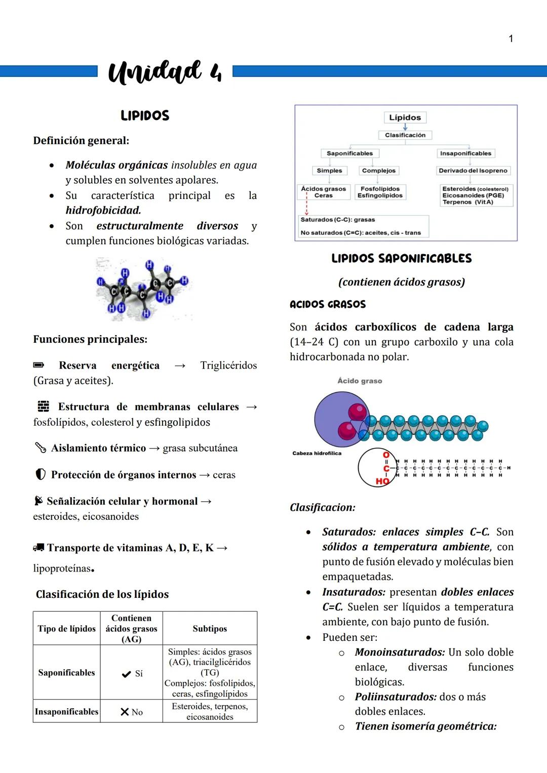 1
Unidad 4
LIPIDOS
Definición general:
• Moléculas orgánicas insolubles en agua
y solubles en solventes apolares.
• Su característica princi
