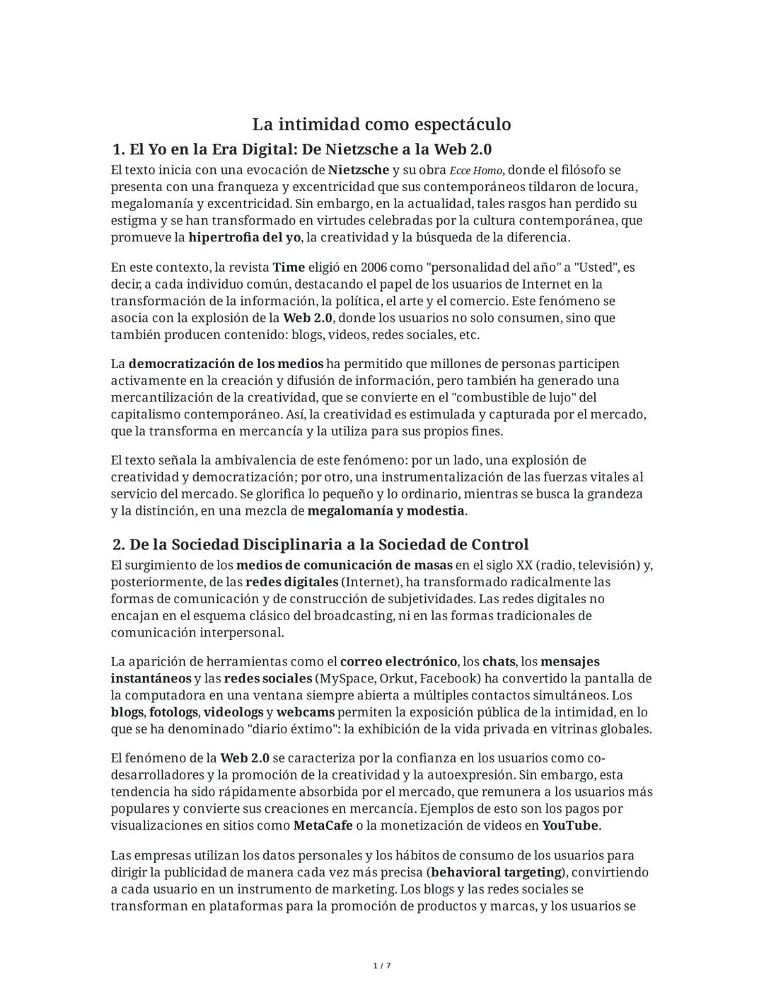 La intimidad como espectáculo
1. El Yo en la Era Digital: De Nietzsche a la Web 2.0
El texto inicia con una evocación de Nietzsche y su obra