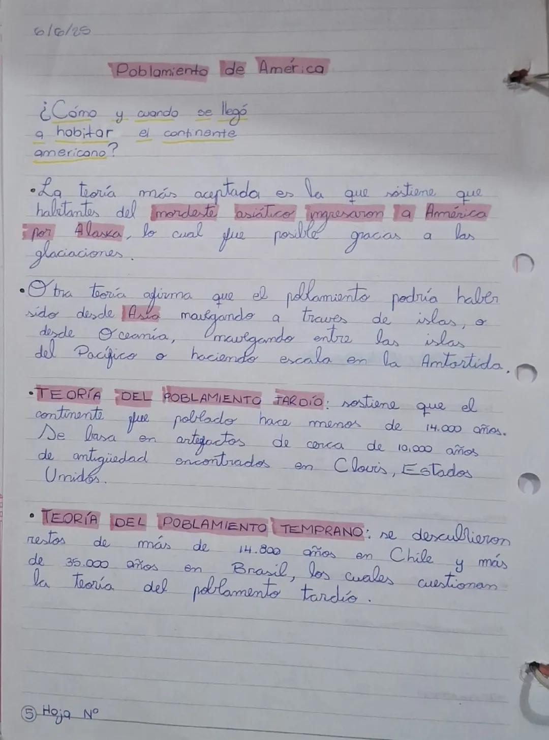 --- OCR Start ---
6/6/25
Poblamiento de América
se llegó
el continente
¿Cómo y cuando
a hobitar
americano?
• La teoría más aceptada es la qu
