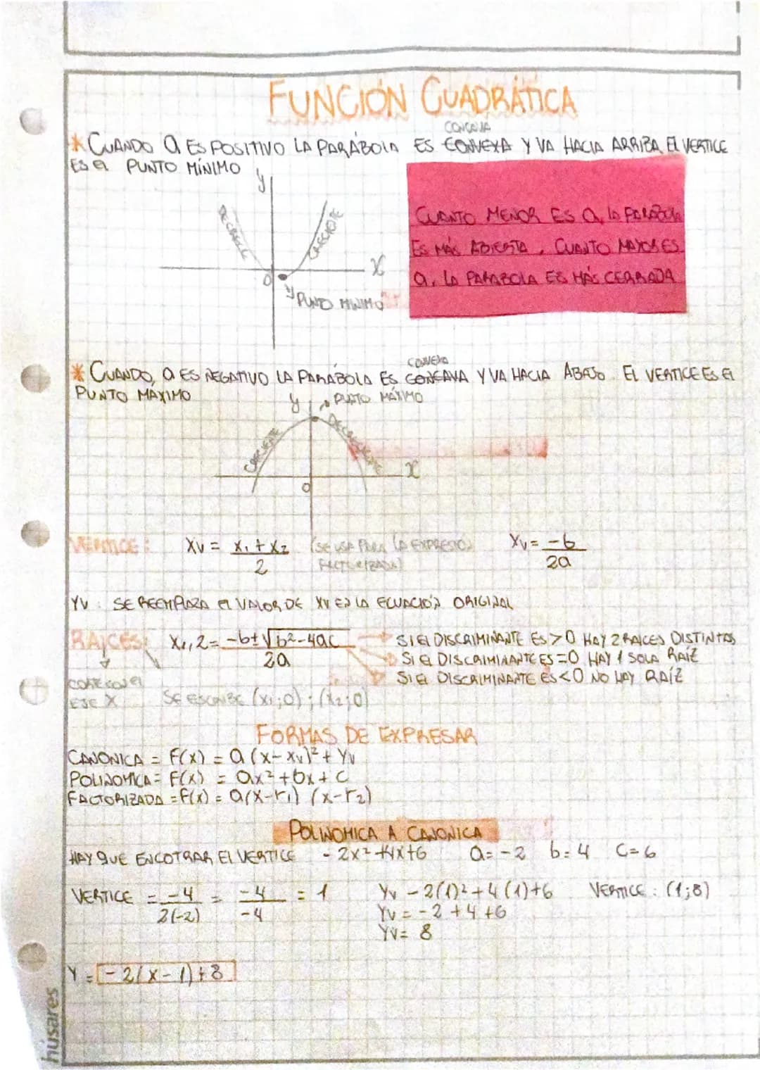 --- OCR Start ---
husares
FUNCIÓN GUADRATICA
CONGOJA
CUANDO A ES POSITIVO LA PARABOLA ES CONVEXA Y VA HACIA ARRIBA, EL VERTICE
ES PUNTO MINI