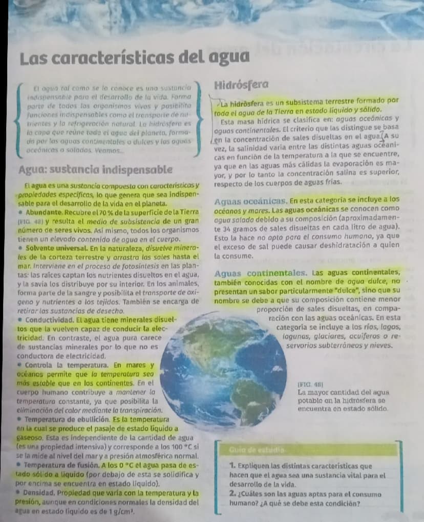 Las características del agua
El agua tal como se lo conoce es uno sustancia
indispensable paro el desarrollo de la vida. Forma
parte de todo