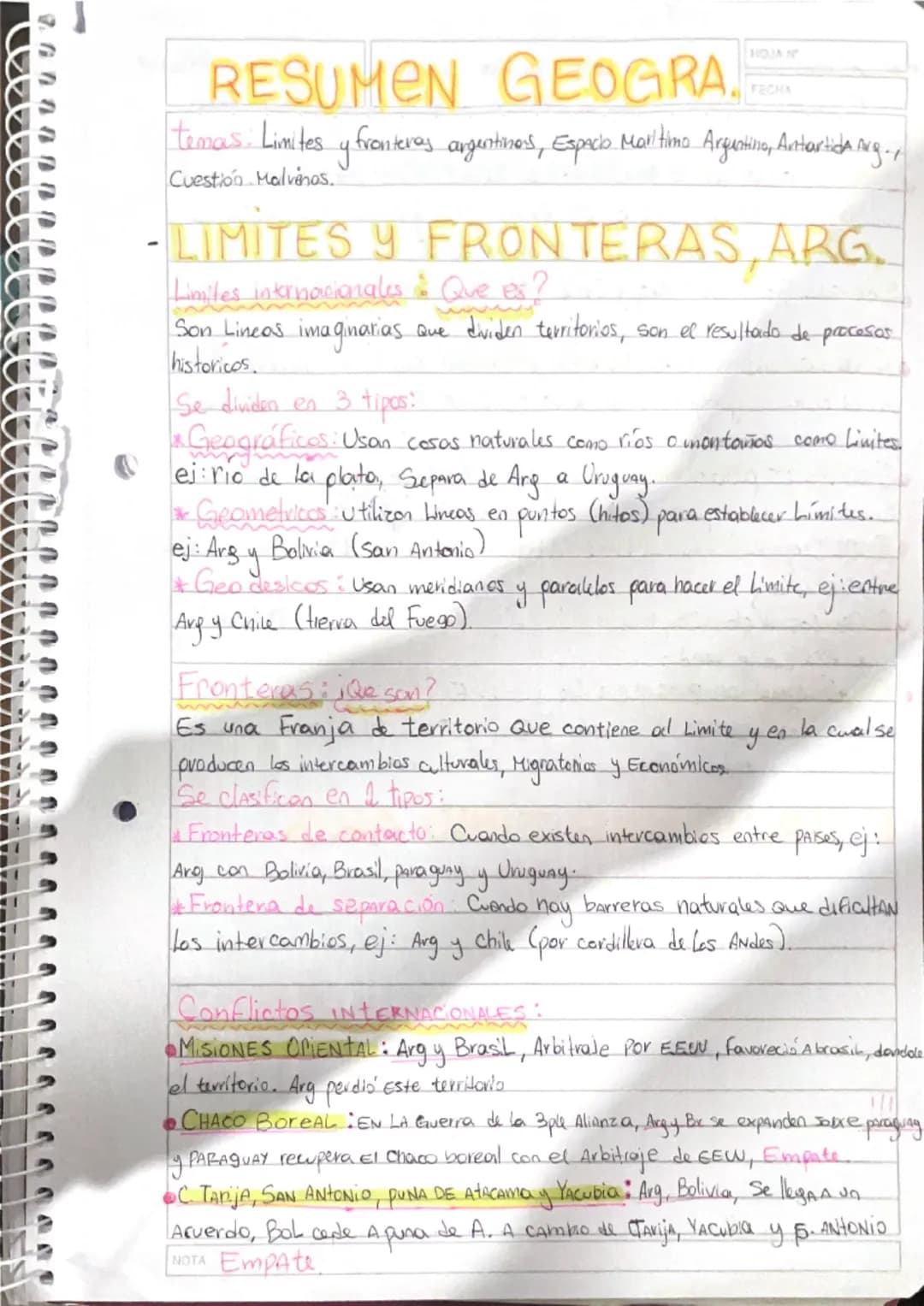 --- OCR Start ---
M
RESUMEN GEOGRA
HOJA N
FECHA
vi timo Argentina, Antartida Arg
temas. Limites y fronteras argentines, Espaco Maltimo
Cuest