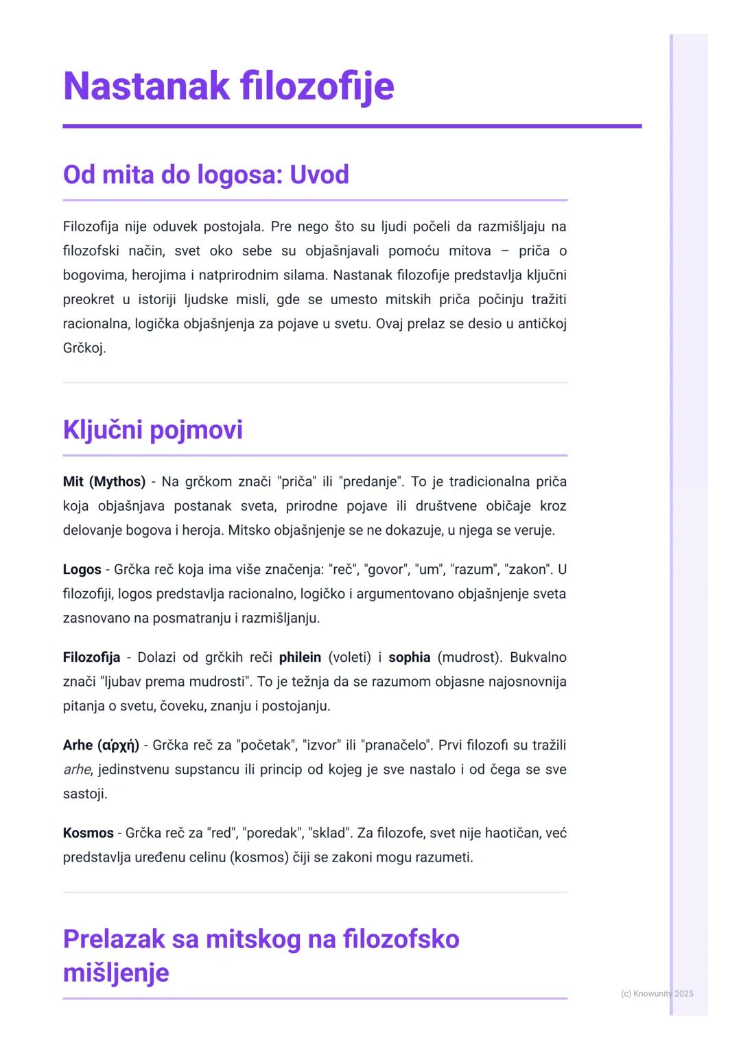 # Nastanak filozofije

Od mita do logosa: Uvod

Filozofija nije oduvek postojala. Pre nego što su ljudi počeli da razmišljaju na
filozofski 