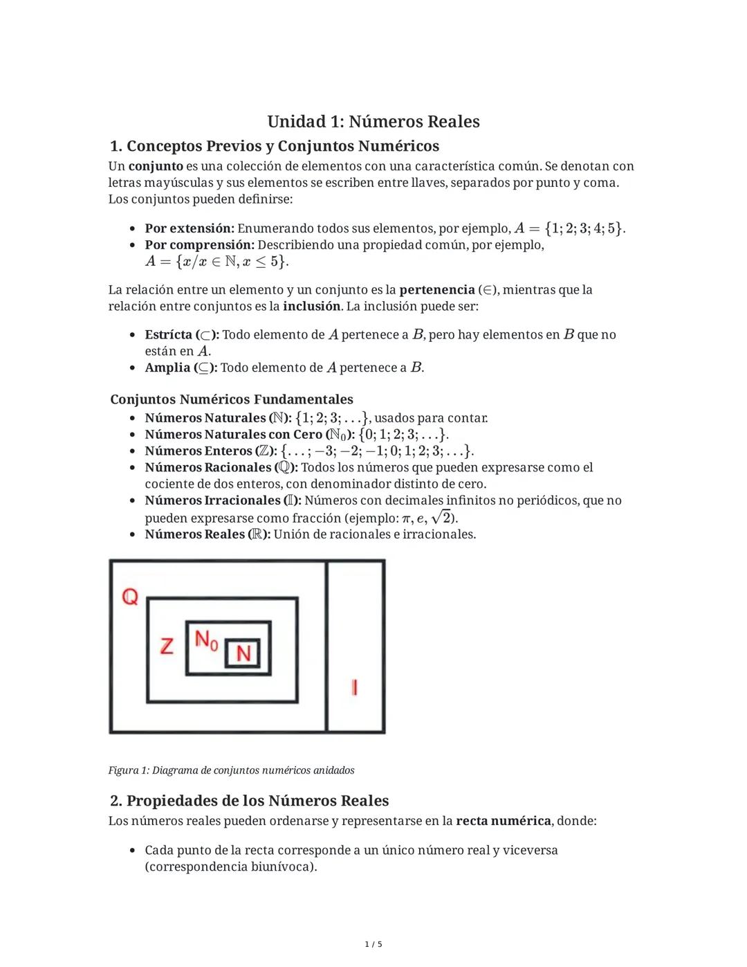 Unidad 1: Números Reales
1. Conceptos Previos y Conjuntos Numéricos
Un conjunto es una colección de elementos con una característica común. 