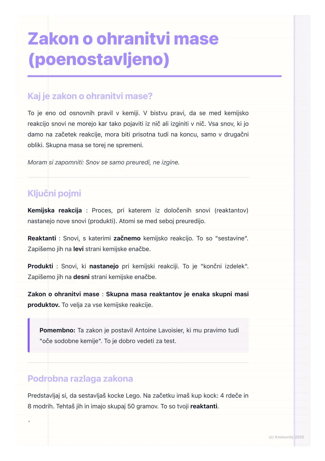 # Zakon o ohranitvi mase
(poenostavljeno)

Kaj je zakon o ohranitvi mase?

To je eno od osnovnih pravil v kemiji. V bistvu pravi, da se med 