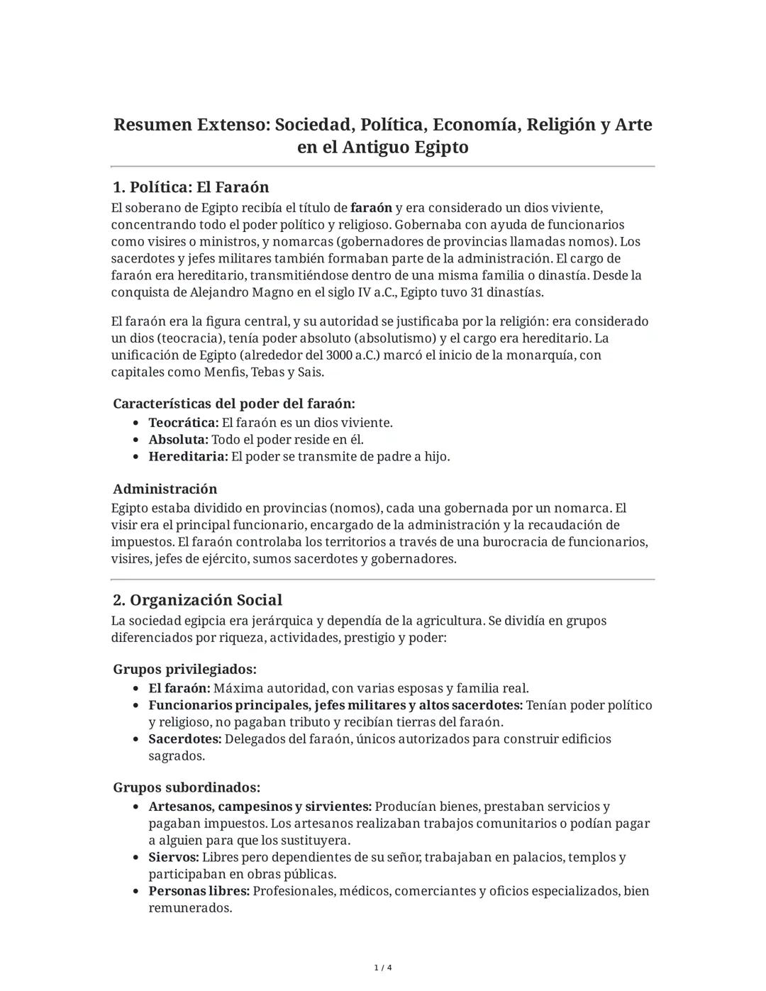 Resumen Extenso: Sociedad, Política, Economía, Religión y Arte
en el Antiguo Egipto
1. Política: El Faraón
El soberano de Egipto recibía el 