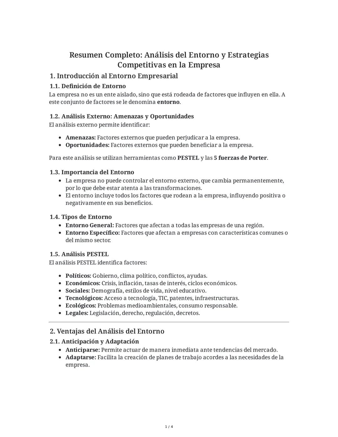 Resumen Completo: Análisis del Entorno y Estrategias
Competitivas en la Empresa
1. Introducción al Entorno Empresarial
1.1. Definición de En