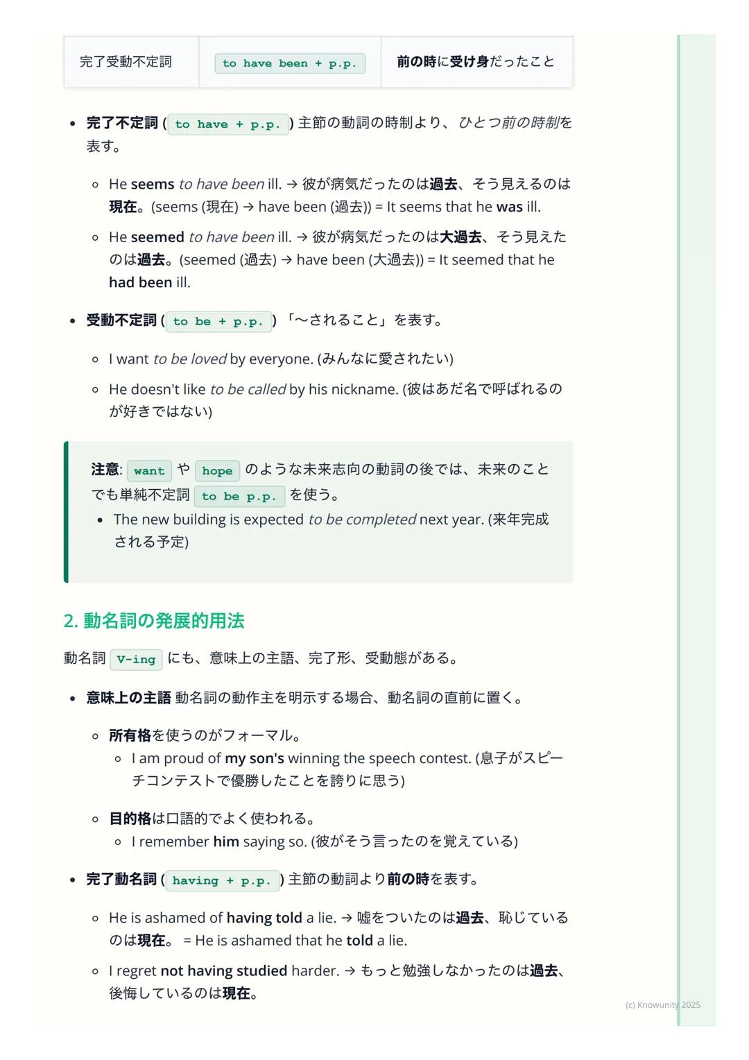 # 準動詞(不定詞・動名詞・分
詞)の発展的用法

準動詞の発展的用法とは

中学で習った不定詞(to do)、動名詞(doing)、分詞(doing / done)の基
本形に加えて、もっと複雑な意味を表すための形。特に、主節の動詞との時間の
ズレや、**受け身 (受動態) *