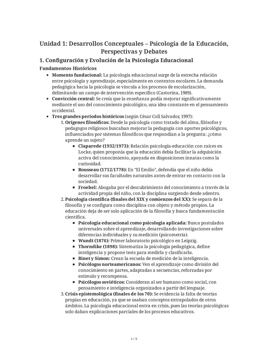 Unidad 1: Desarrollos Conceptuales - Psicología de la Educación,
Perspectivas y Debates
1. Configuración y Evolución de la Psicología Educac