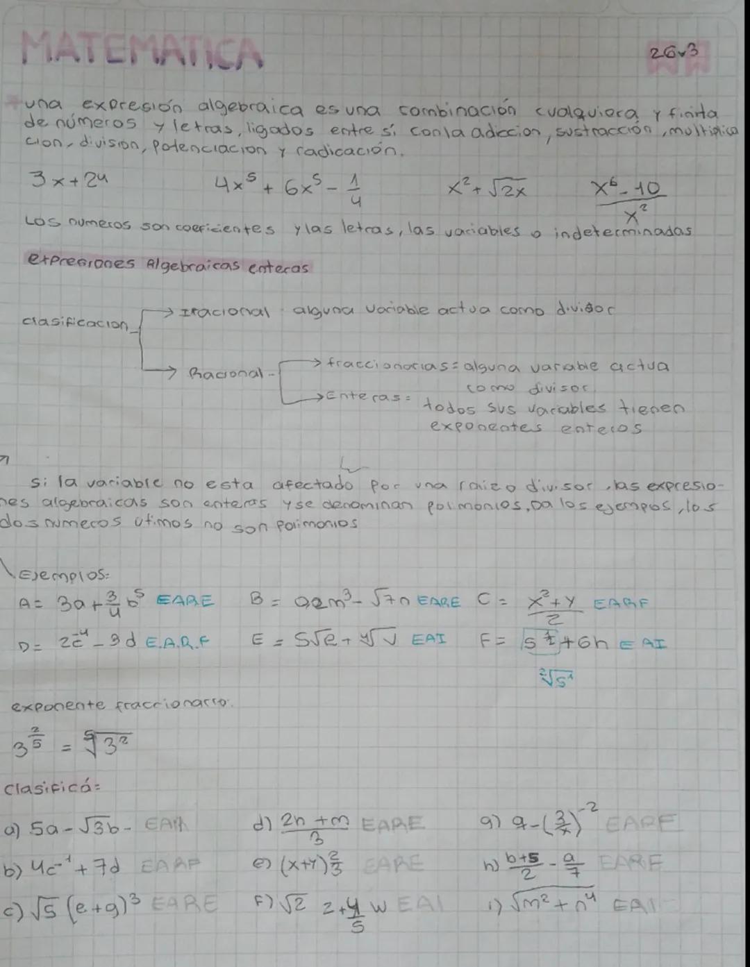 # MATEMATICA

263

una expresión algebraica es una combinación cualquiera, y finita
de números y letras, ligados entre si conla adiecion, su