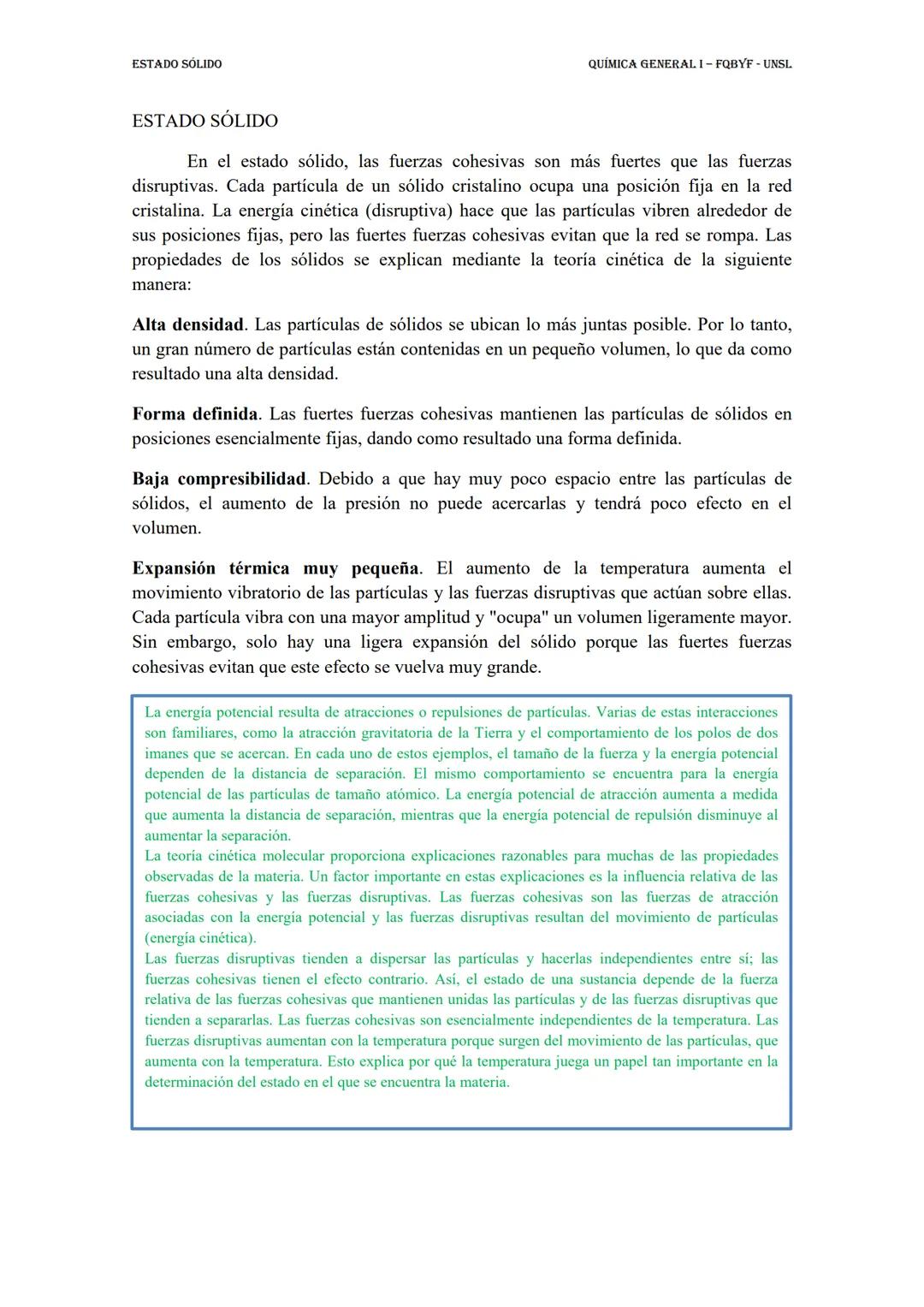 ## ESTADO SOLIDO

QUÍMICA GENERALI - FQBYF - UNSL

## ESTADO SÓLIDO

En el estado sólido, las fuerzas cohesivas son más fuertes que las fuer
