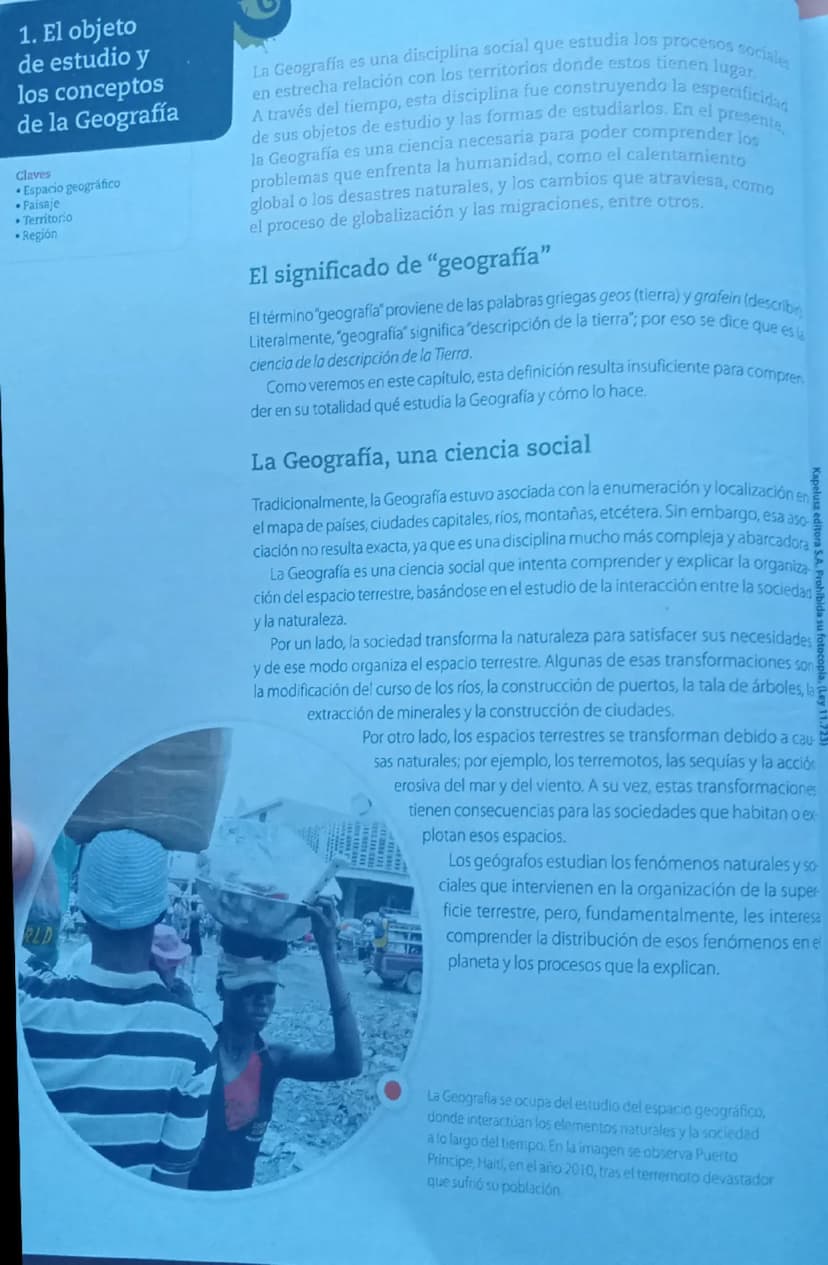 1. El objeto
de estudio y
los conceptos
de la Geografía
Claves
• Espacio geográfico
•Paisaje
Territorio
• Región
RLD
La Geografía es una dis