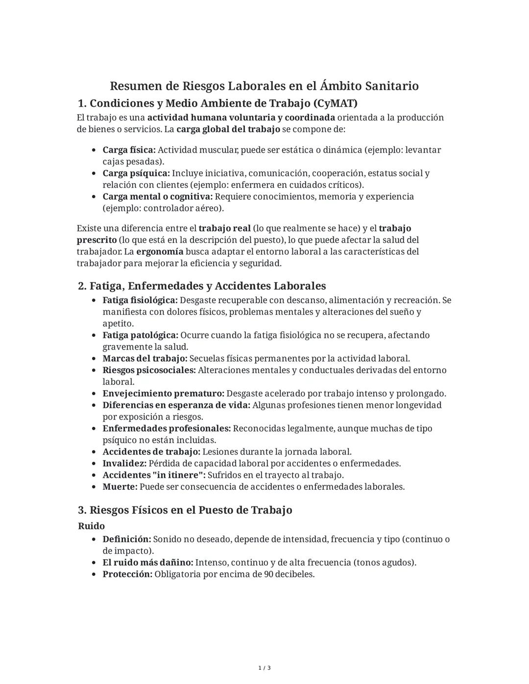 Resumen de Riesgos Laborales en el Ámbito Sanitario
1. Condiciones y Medio Ambiente de Trabajo (CyMAT)
El trabajo es una actividad humana vo