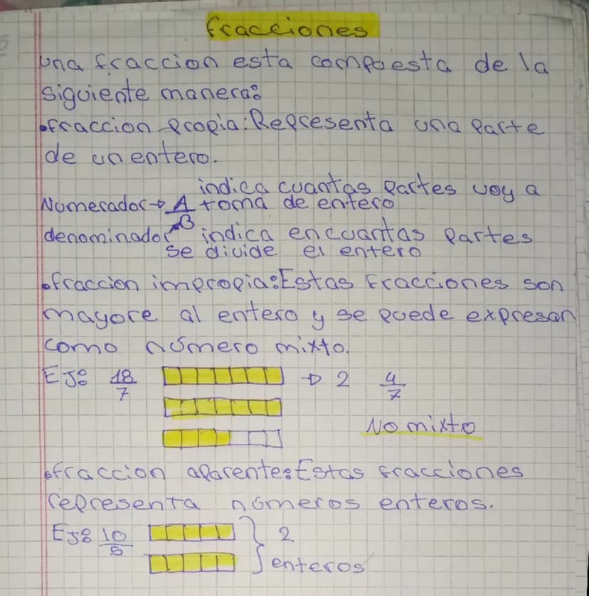 fracciones
una fraccion esta compoesta de la
Siguiente manera:
•fraccion Propia: Representa una parte
de un entero.
indica cuantas partes vo