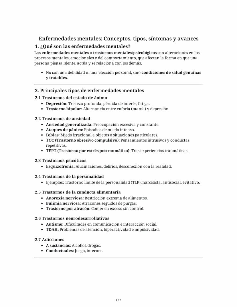 # Enfermedades mentales: Conceptos, tipos, síntomas y avances

1. ¿Qué son las enfermedades mentales?
Las enfermedades mentales o trastornos