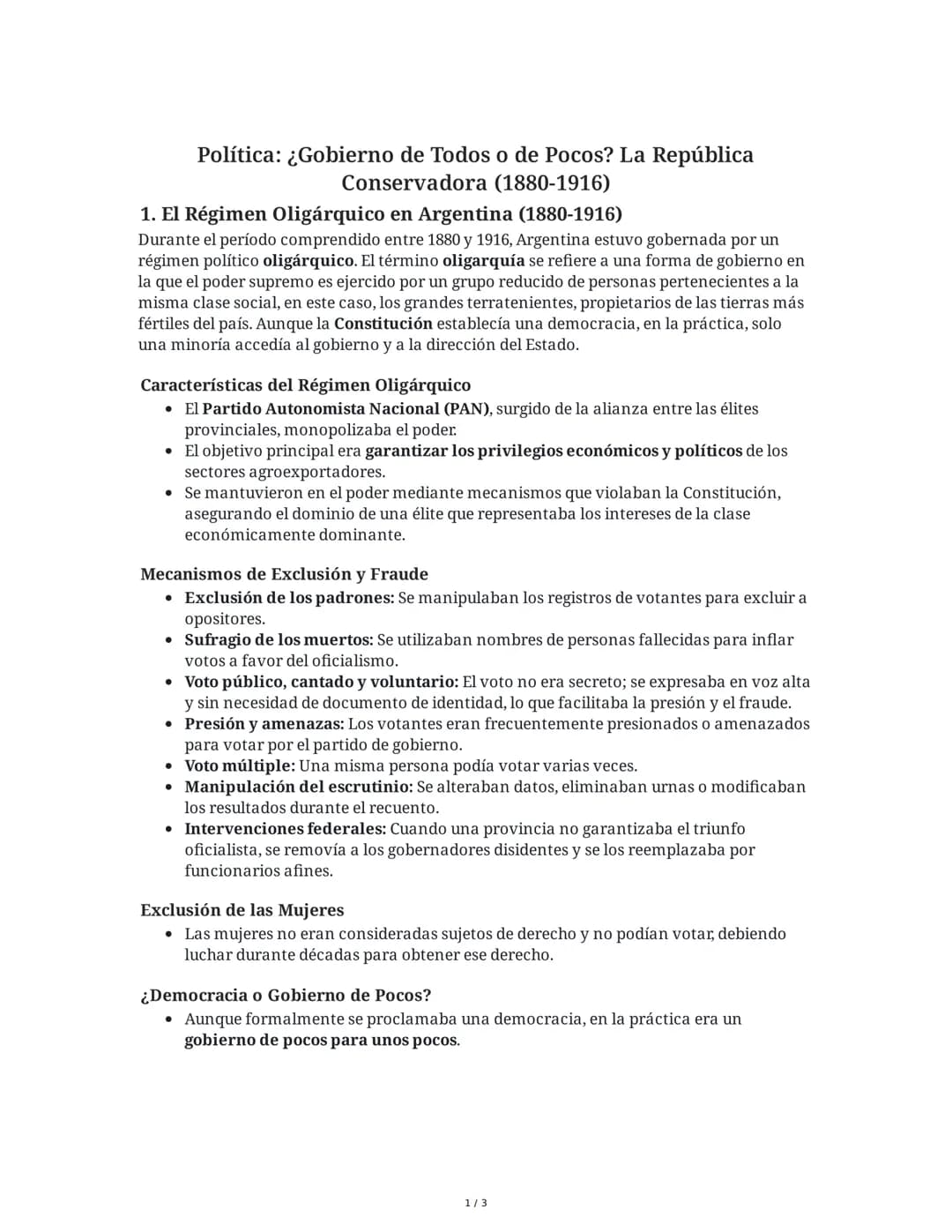 Política: ¿Gobierno de Todos o de Pocos? La República
Conservadora (1880-1916)

1. El Régimen Oligárquico en Argentina (1880-1916)
Durante e