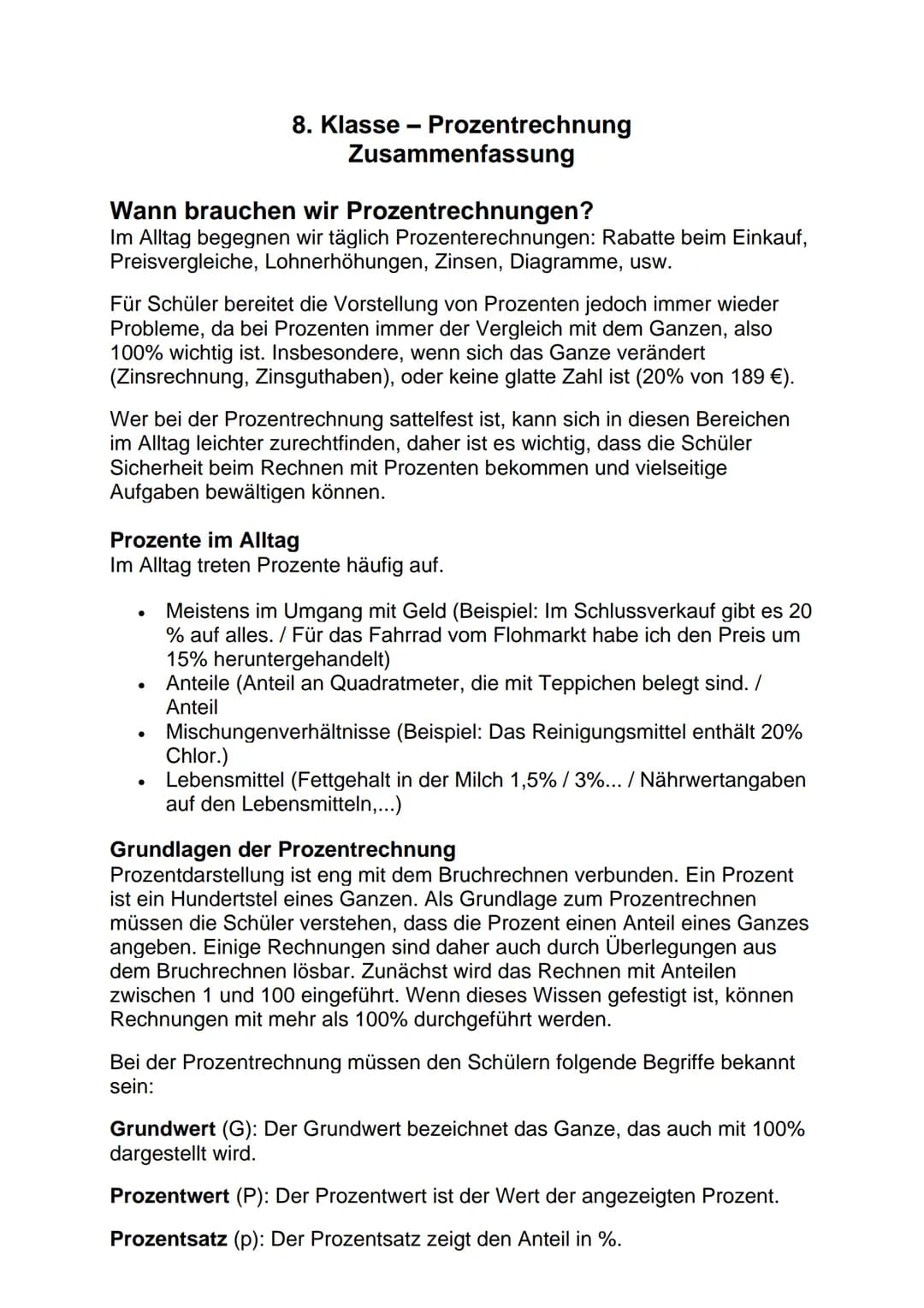 # 8. Klasse - Prozentrechnung
Zusammenfassung

Wann brauchen wir Prozentrechnungen?
Im Alltag begegnen wir täglich Prozenterechnungen: Rabat