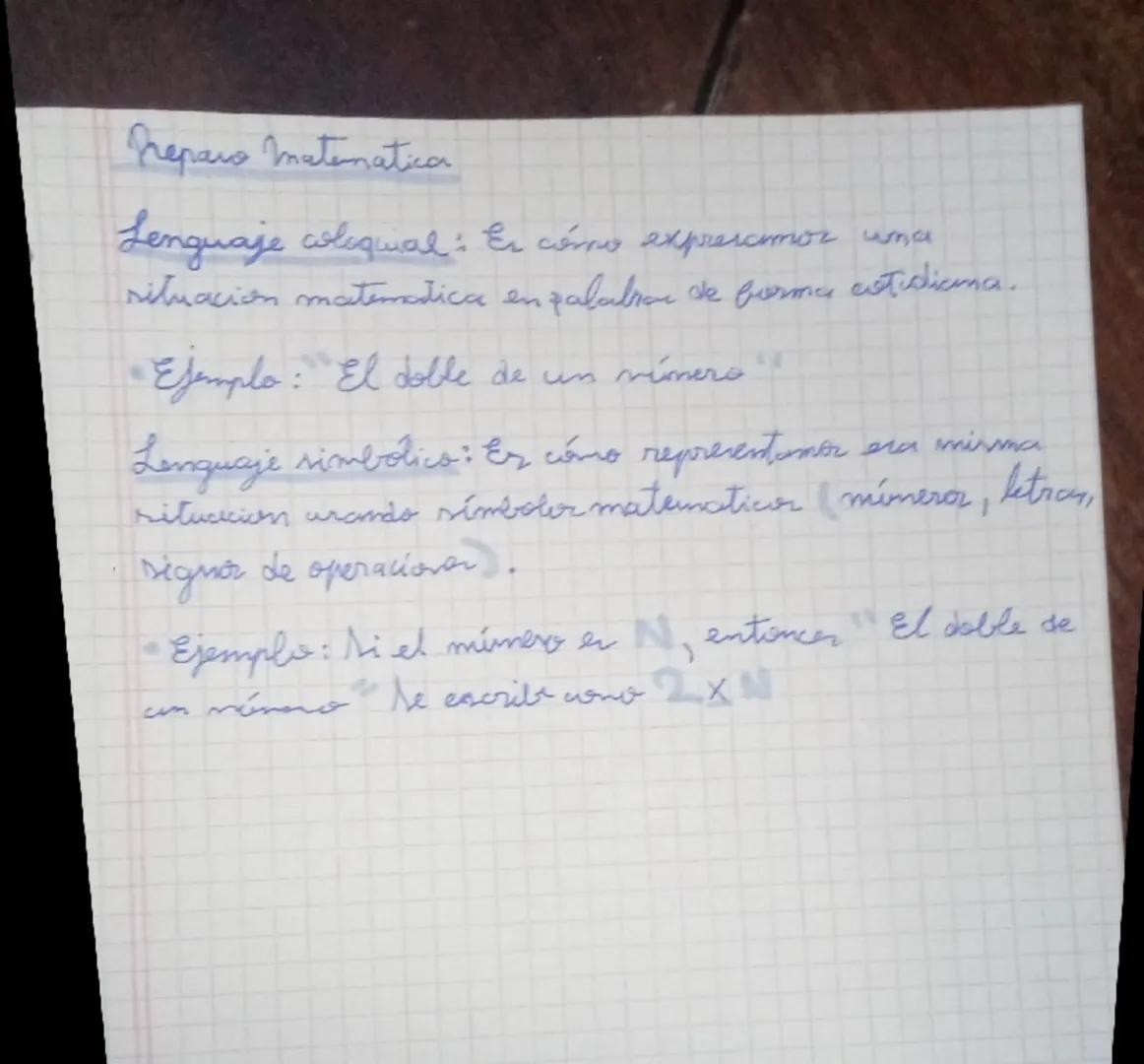 Reparo matematica
Lenguaje coloquial: Es cómo expresamor una
situacion matematica en palabras de forma cotidiana.
Ejemplo: El doble de un nú