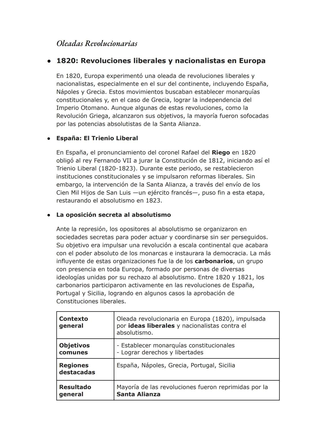 Oleadas Revolucionarias
• 1820: Revoluciones liberales y nacionalistas en Europa
En 1820, Europa experimentó una oleada de revoluciones libe