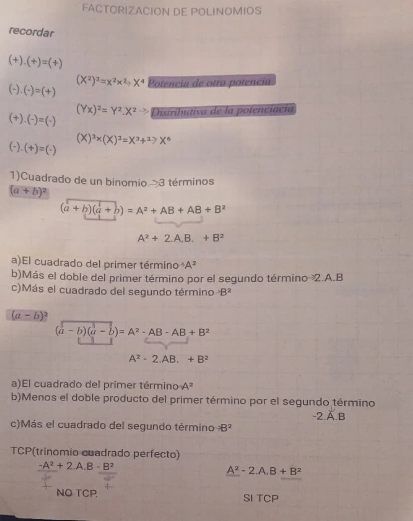FACTORIZACION DE POLINOMIOS
recordar
(+).(+)=(+)
(X2)2=x2x2, X4 Potencia de otra potencia
(-).(-)=(+)
(YX)²= Y2 X2 → Distributiva de la pote