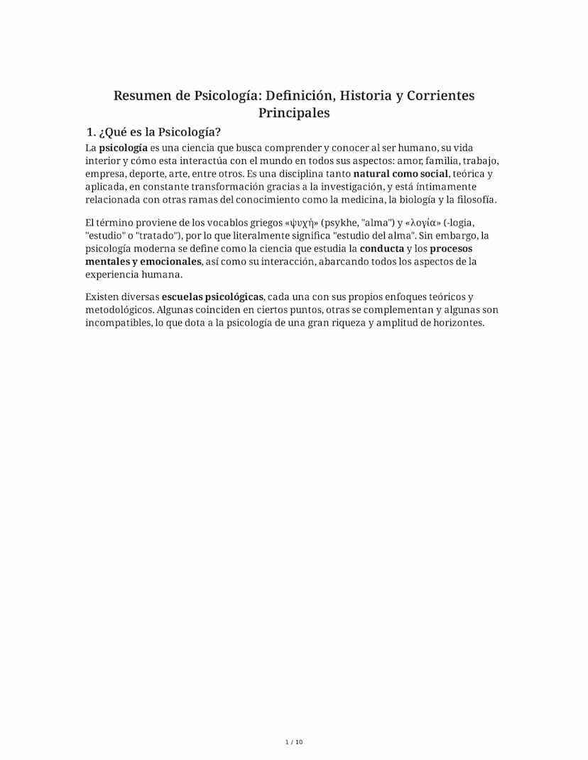Resumen de Psicología: Definición, Historia y Corrientes
Principales
1. ¿Qué es la Psicología?
La psicología es una ciencia que busca compre