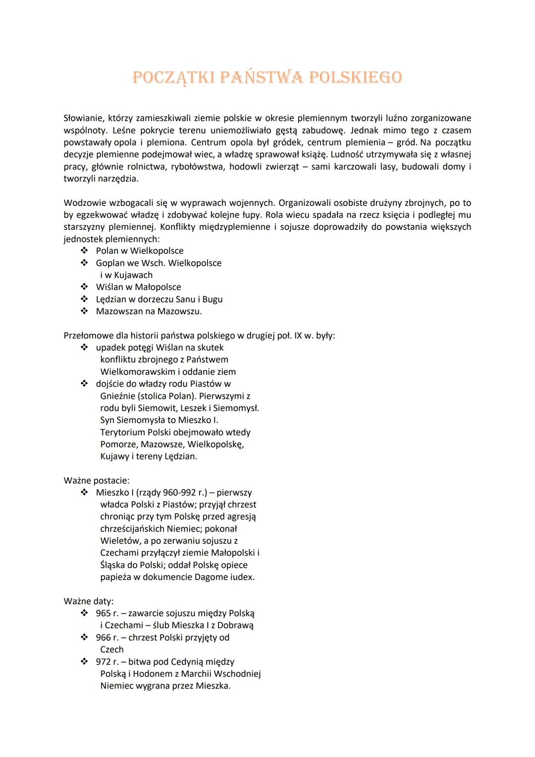 # POCZĄTKI PAŃSTWA POLSKIEGO

Słowianie, którzy zamieszkiwali ziemie polskie w okresie plemiennym tworzyli luźno zorganizowane
wspólnoty. Le