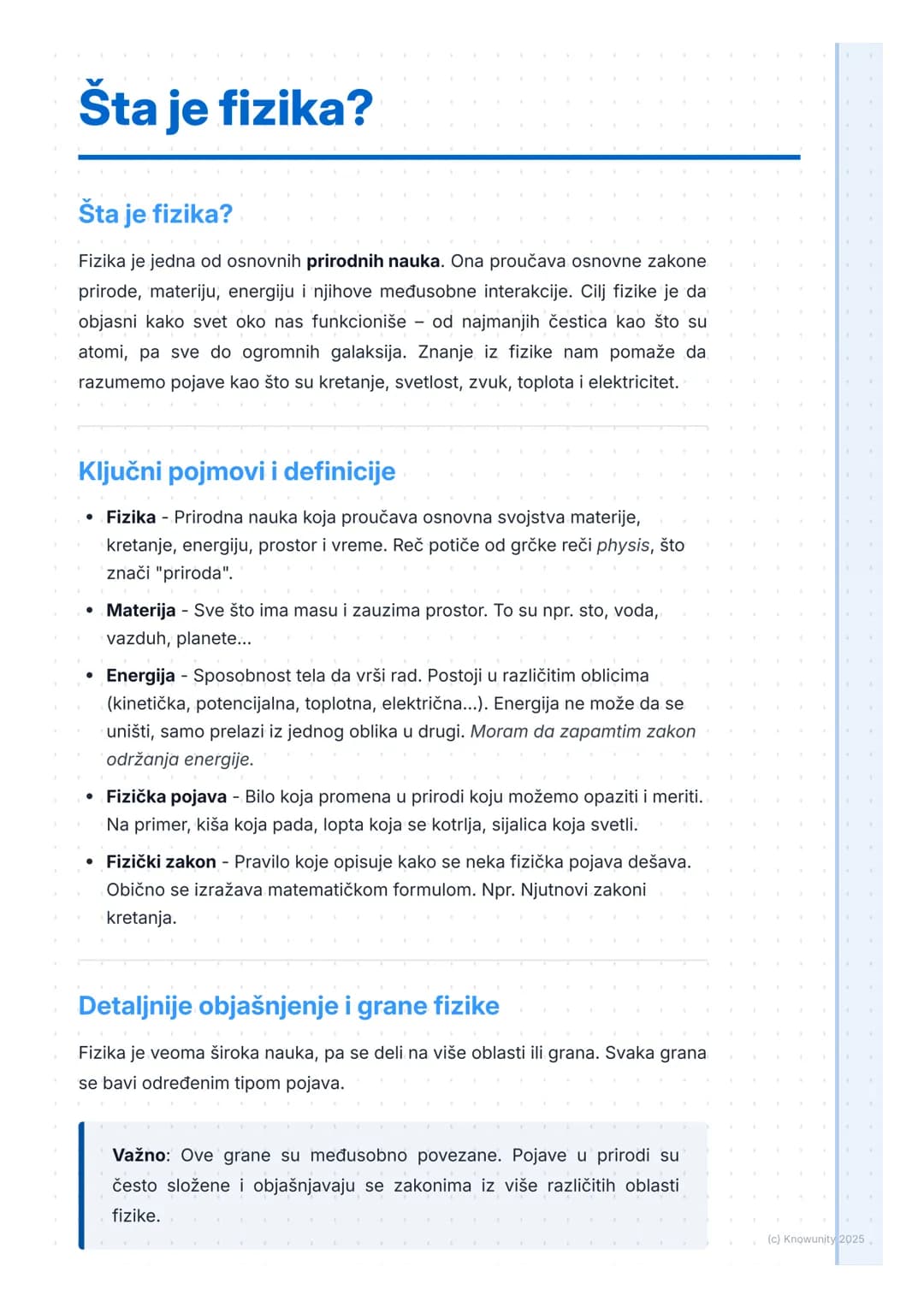 # Šta je fizika?

Šta je fizika?

Fizika je jedna od osnovnih prirodnih nauka. Ona proučava osnovne zakone
prirode, materiju, energiju i nji