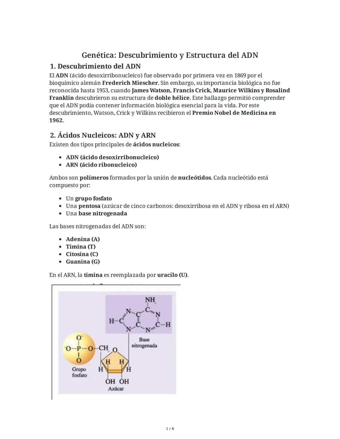 # Genética: Descubrimiento y Estructura del ADN

## 1. Descubrimiento del ADN

El ADN (ácido desoxirribonucleico) fue observado por primera 