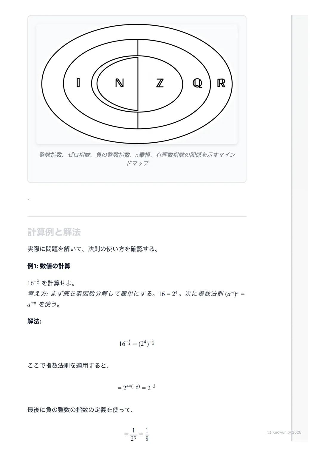 # 指数の拡張と計算

指数の拡張の概要・

中学で学んだ自然数の指数から、高校数学IIでは指数を整数、有理数、そして実
数全体にまで拡張する。これにより、$2^{-3}$や$4^{\frac{1}{2}}$のような計算が可能になる。この
拡張は、後の指数関数や対数関数を理解する