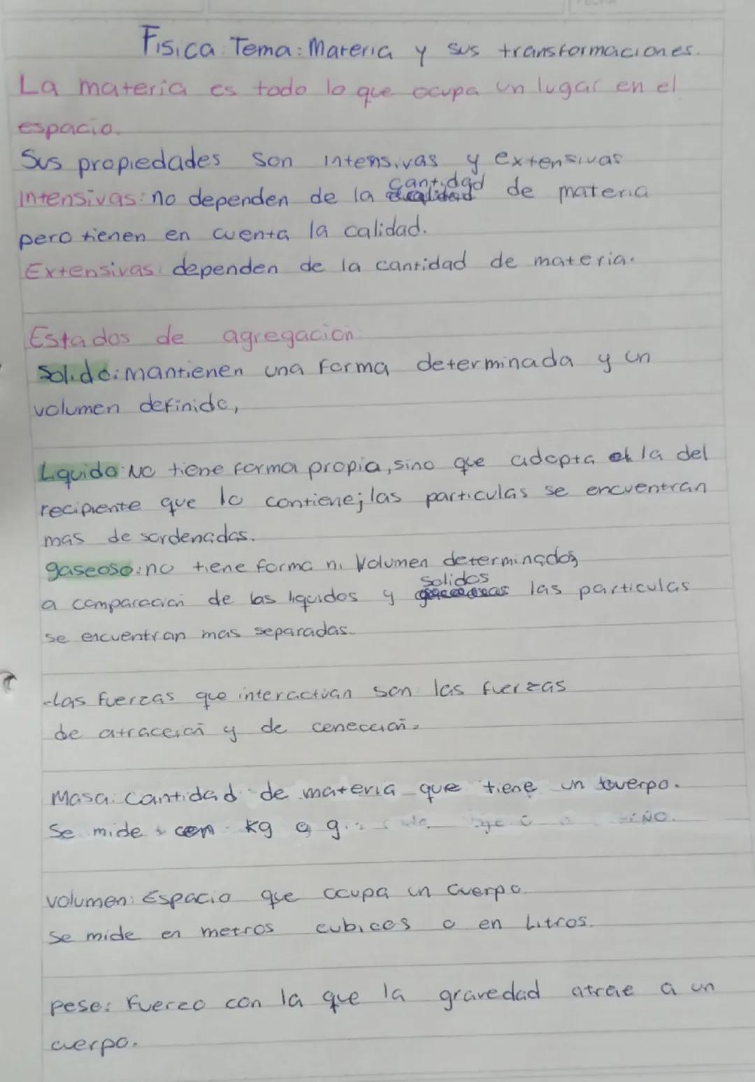 Fisica. Tema: Materia y sus transformaciones.
La materia es todo lo que ocupa un lugar en el
espacio
Sus propiedades son intensivas y extens
