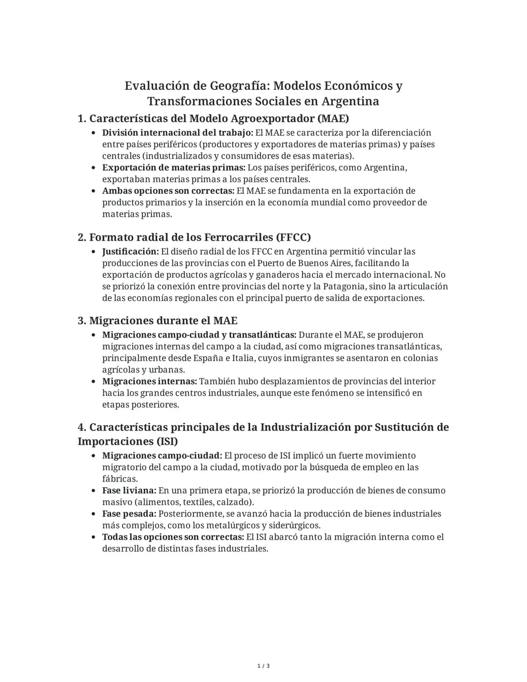 Evaluación de Geografía: Modelos Económicos y
Transformaciones Sociales en Argentina
1. Características del Modelo Agroexportador (MAE)
• Di