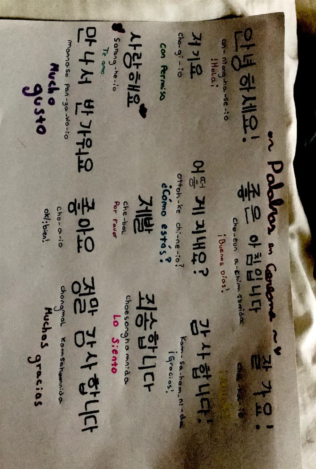 --- OCR Start ---
on Palabras
en Coreana ~
안녕하세요!
좋은 아침입니다.
an-ntong-ha-se-io
Holai
저기요
cho-gi-io
Con Permiso
사랑해요
Sarang-he-io
Te amo
Cho-e