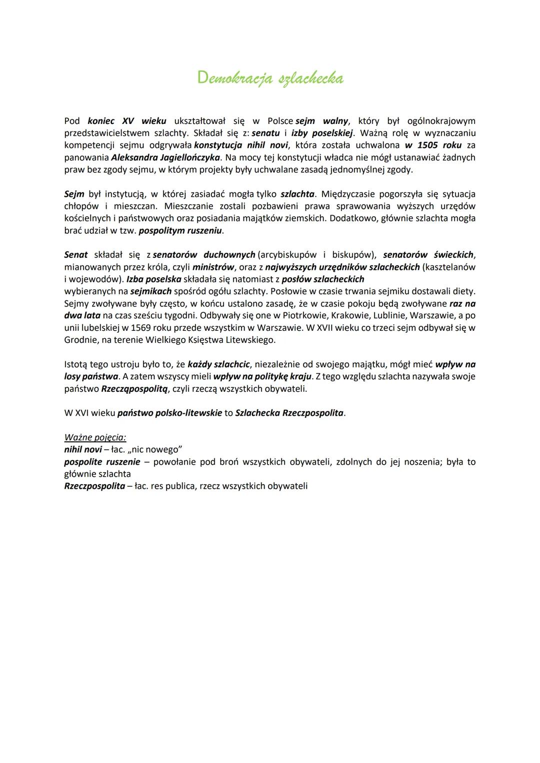 # Demokracja szlachecka

Pod koniec XV wieku ukształtował się w Polsce sejm walny, który był ogólnokrajowym
przedstawicielstwem szlachty. Sk