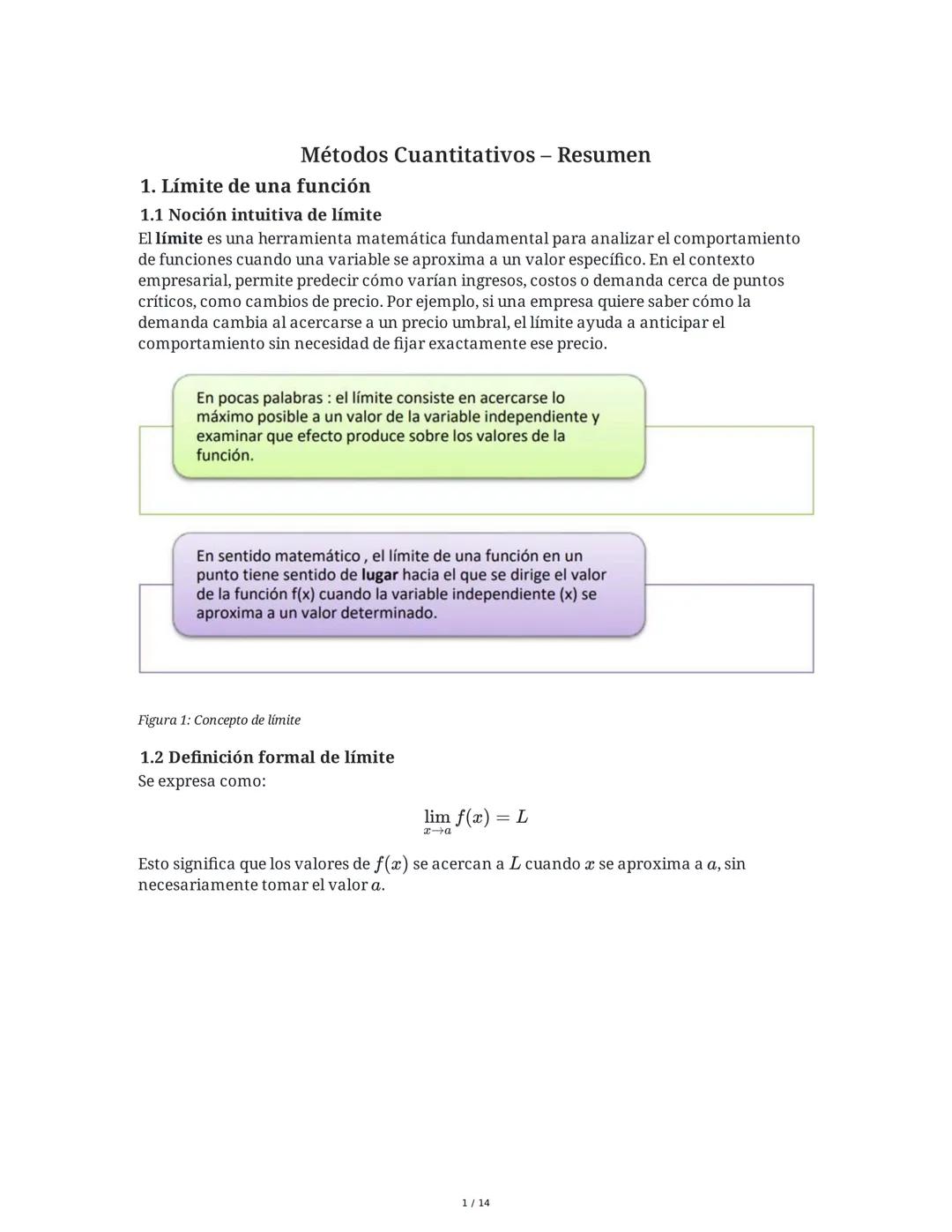 Métodos Cuantitativos - Resumen
1. Límite de una función
1.1 Noción intuitiva de límite
El límite es una herramienta matemática fundamental 