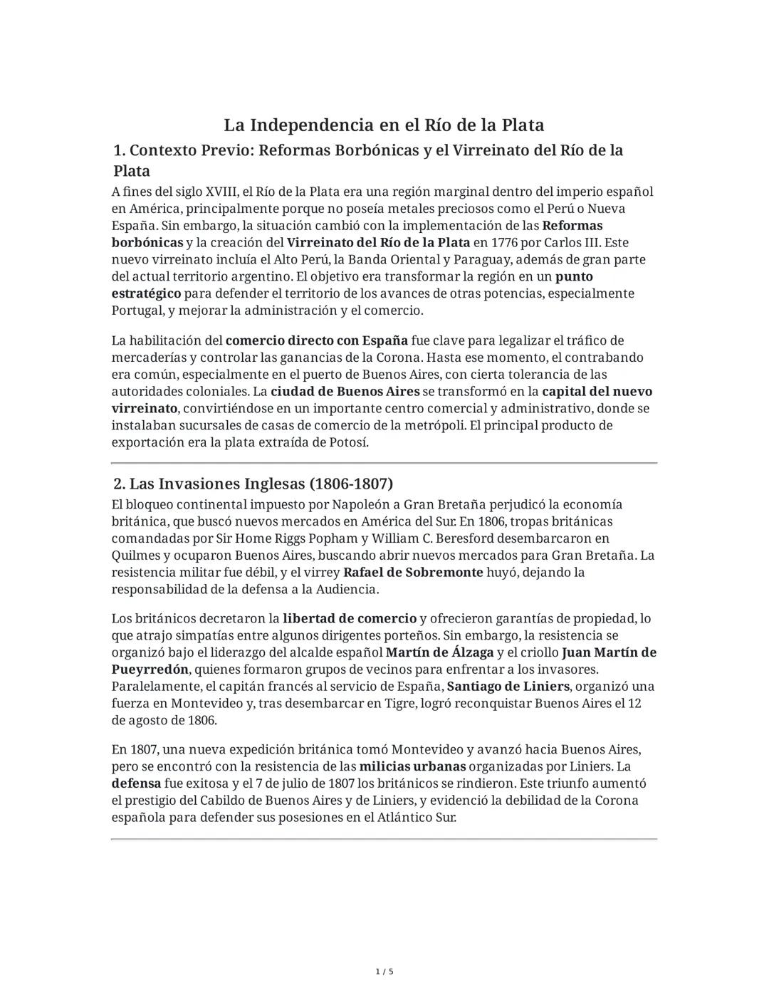 La Independencia en el Río de la Plata
1. Contexto Previo: Reformas Borbónicas y el Virreinato del Río de la
Plata
A fines del siglo XVIII, 