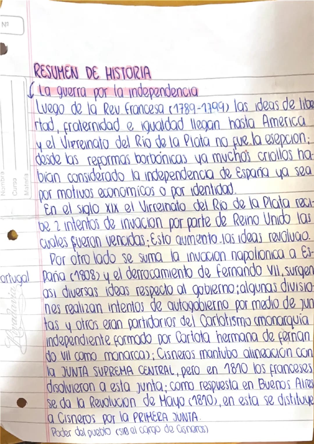 N
Nombre.
Curso
Materia
RESUMEN DE HISTORIA
(La guerra por la independencia
Luego de la Rev Francesa (1789-1799) las ideas de libe
rtad, fra