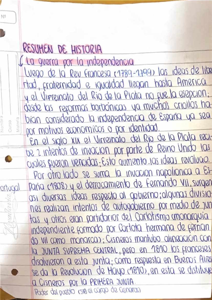 N
Nombre.
Curso
Materia
RESUMEN DE HISTORIA
(La guerra por la independencia
Luego de la Rev Francesa (1789-1799) las ideas de libe
rtad, fra
