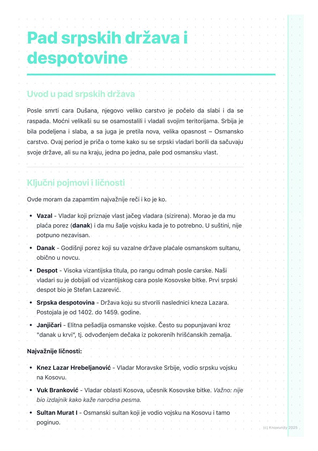 # Pad srpskih država i
despotovine

Uvod u pad srpskih država

Posle smrti cara Dušana, njegovo veliko carstvo je počelo da slabi i da se
ra