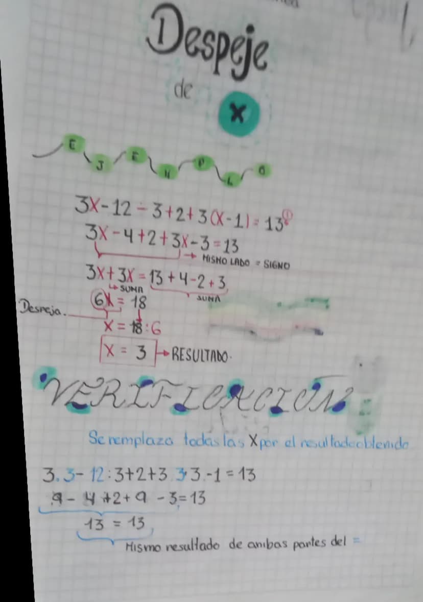 Despeje
de
3X-12-3+2+3(x-1)=13
3X-4+2+3x-3=13
→MISNO LADO SIGNO
3X+3X=13+4-2+3,
LSUMA
6X = 18
Despeja..
SUNA
X=18:6
X=3 RESULTADO.
VERIFICAC