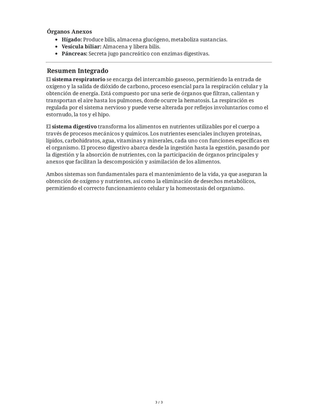 Resumen de Apuntes: Sistema Respiratorio y Digestivo
1. Sistema Respiratorio
Órganos y Funciones Principales
• Fosas nasales: Humedecen, cal