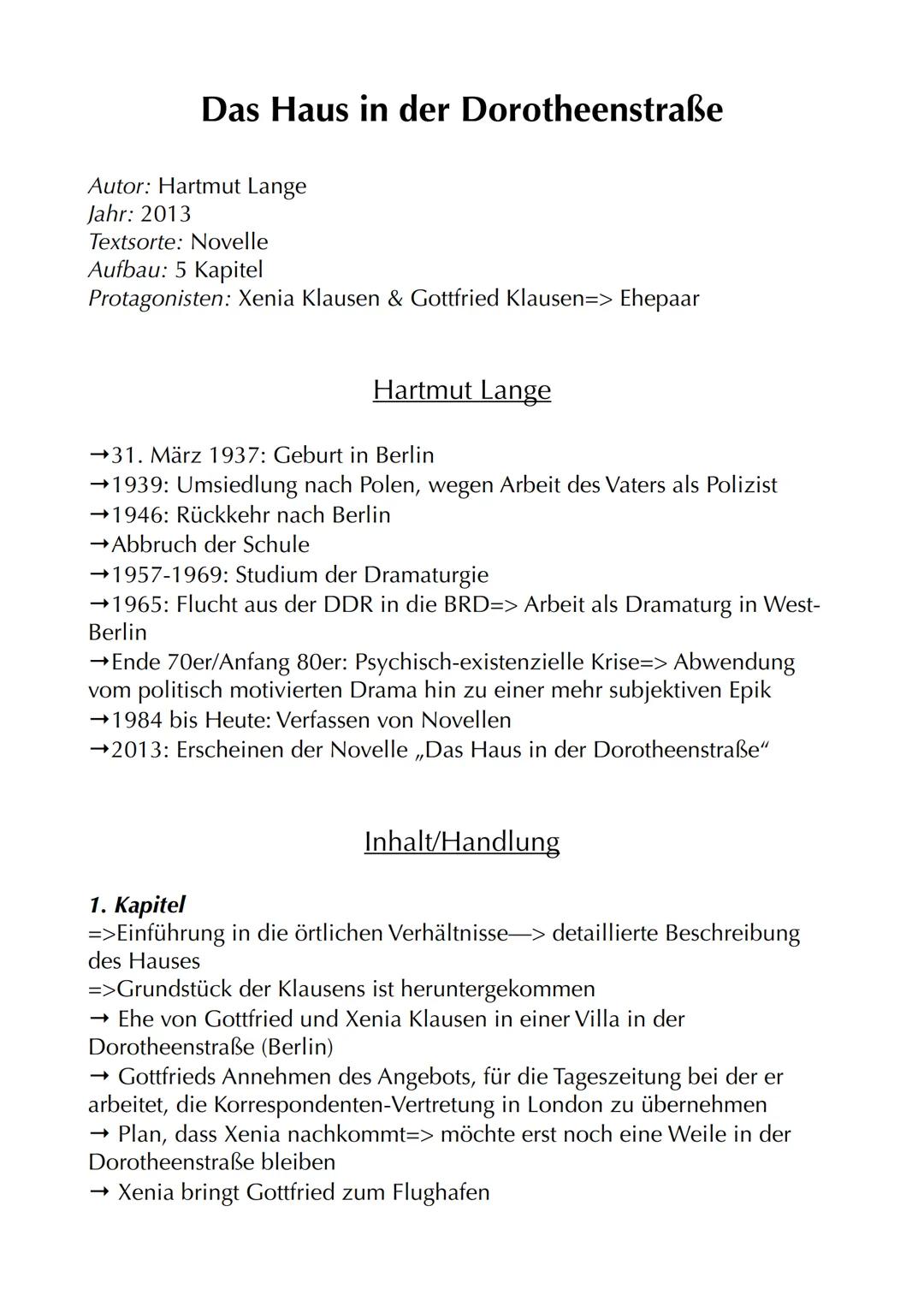 # Das Haus in der Dorotheenstraße

Autor: Hartmut Lange
Jahr: 2013
Textsorte: Novelle
Aufbau: 5 Kapitel
Protagonisten: Xenia Klausen & Gottf