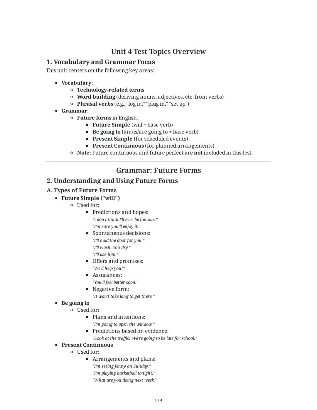 Unit 4 Test Topics Overview
1. Vocabulary and Grammar Focus
This unit centers on the following key areas:
• Vocabulary:
• Technology-related