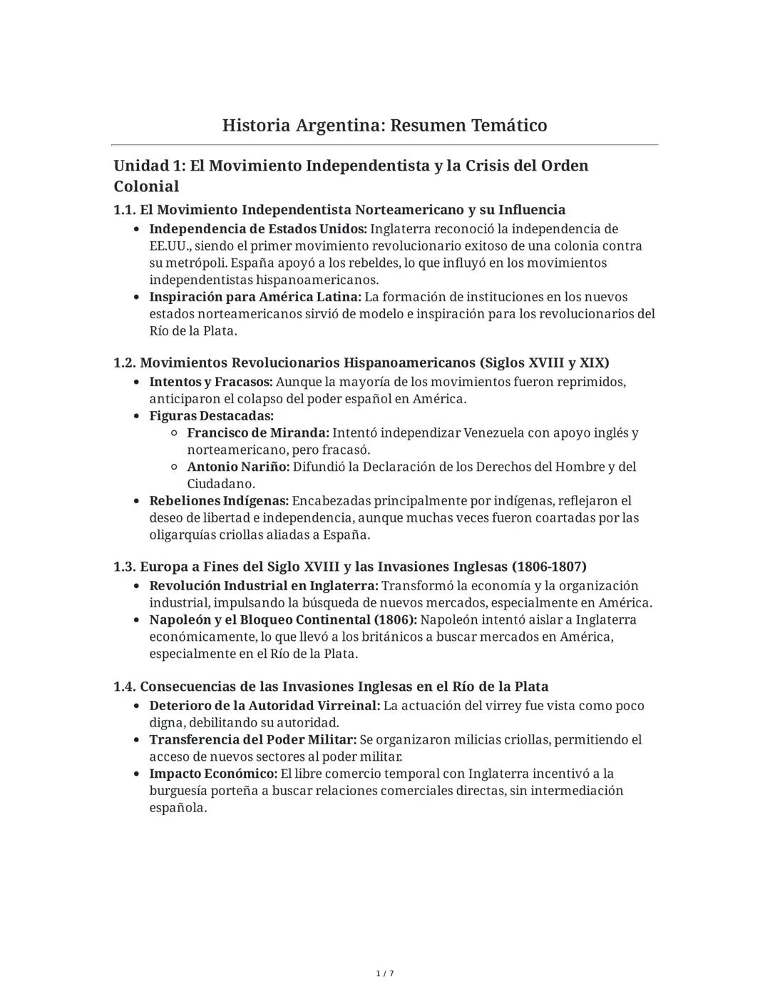 Historia Argentina: Resumen Temático
Unidad 1: El Movimiento Independentista y la Crisis del Orden
Colonial
1.1. El Movimiento Independentis