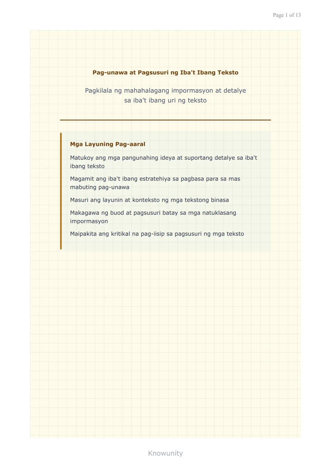 --- OCR Start ---
Pag-unawa at Pagsusuri ng Iba't Ibang Teksto
Pagkilala ng mahahalagang impormasyon at detalye
sa iba't ibang uri ng teksto