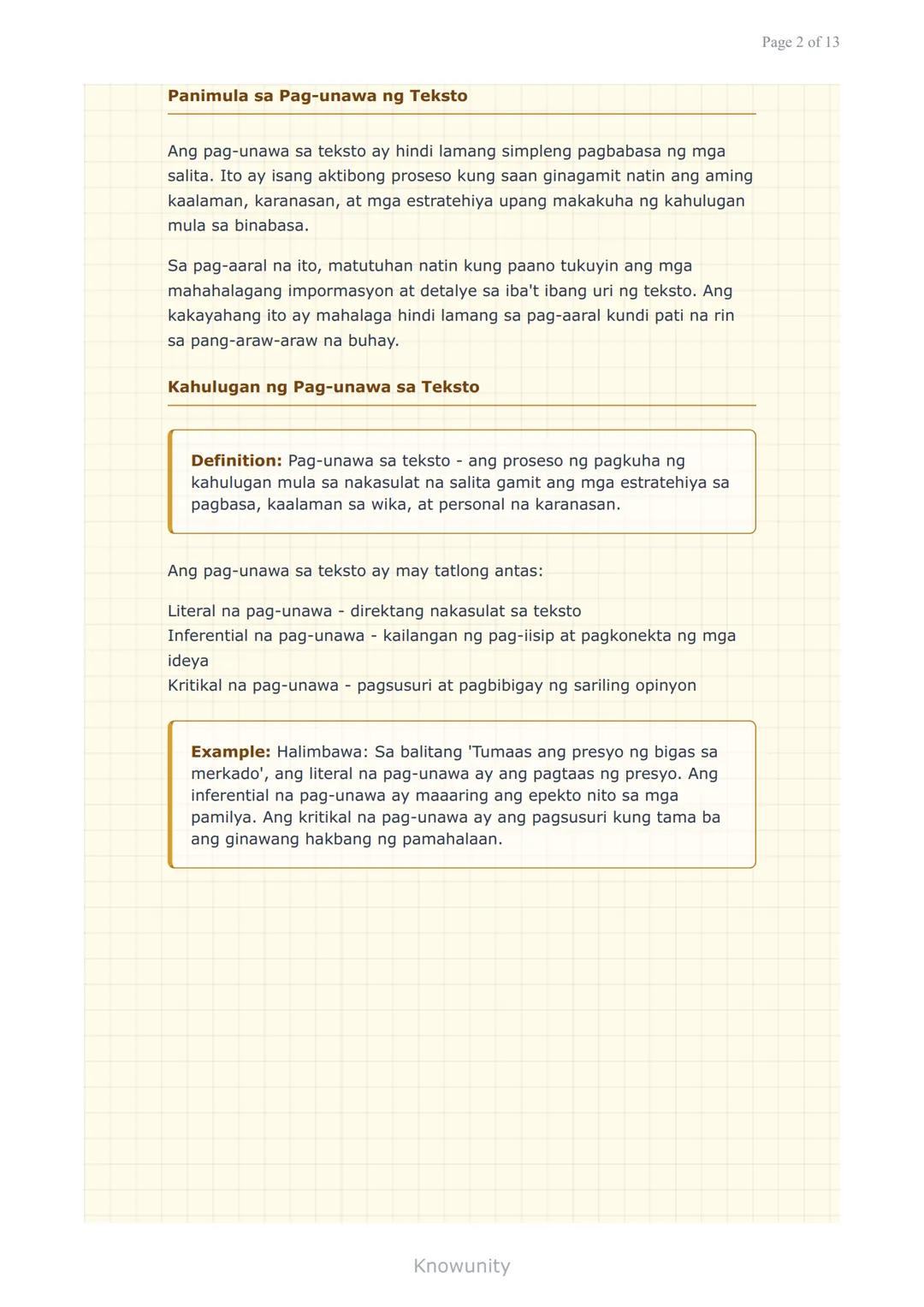 --- OCR Start ---
Pag-unawa at Pagsusuri ng Iba't Ibang Teksto
Pagkilala ng mahahalagang impormasyon at detalye
sa iba't ibang uri ng teksto