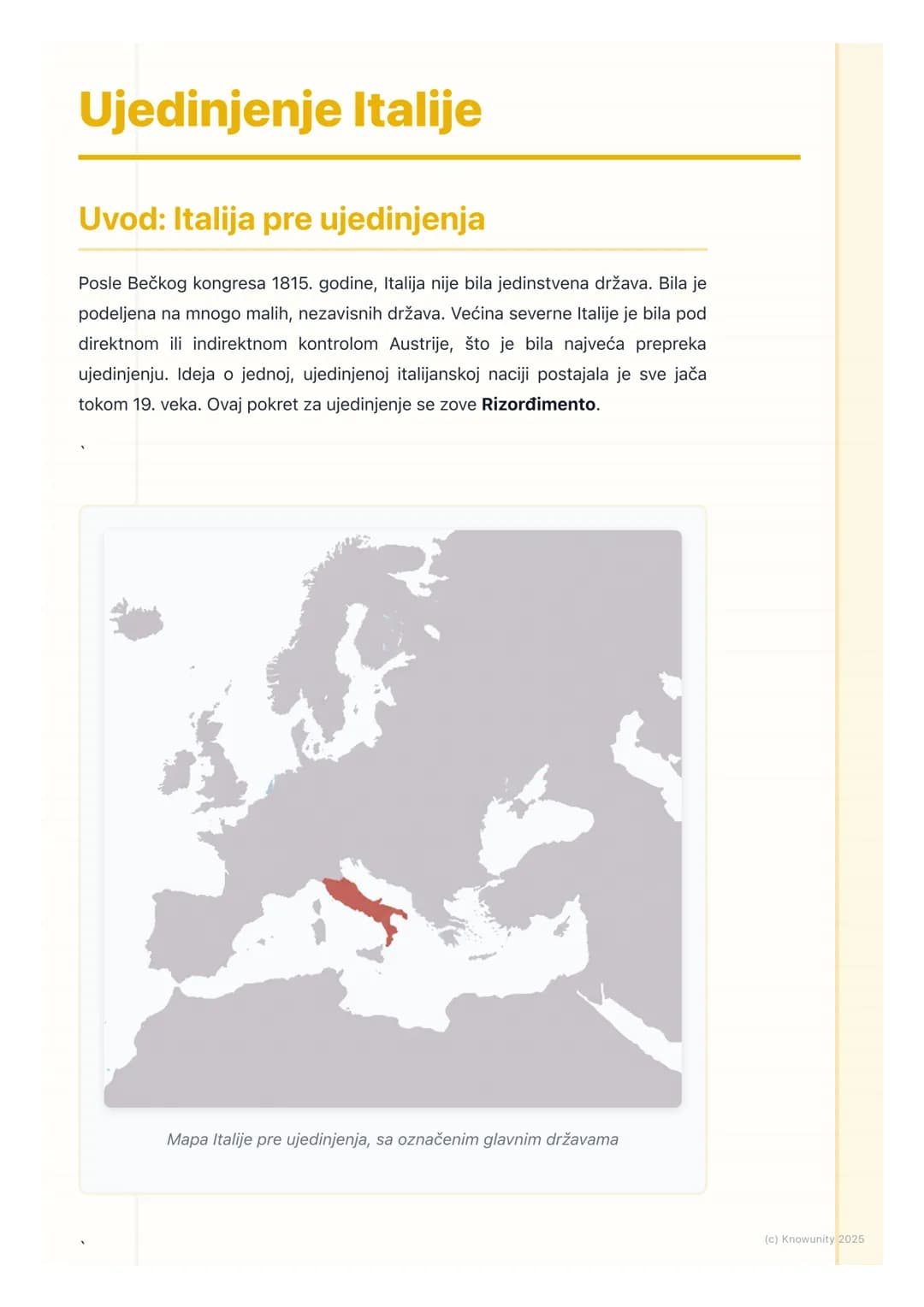 # Ujedinjenje Italije

Uvod: Italija pre ujedinjenja

Posle Bečkog kongresa 1815. godine, Italija nije bila jedinstvena država. Bila je
pode