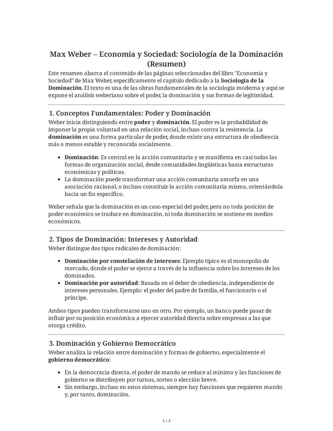 Max Weber - Economía y Sociedad: Sociología de la Dominación
(Resumen)
Este resumen abarca el contenido de las páginas seleccionadas del lib